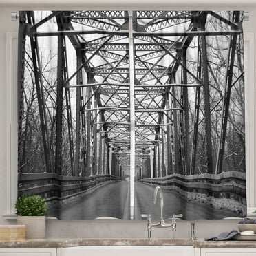 Black and White Curtains 2 Panels Set, Road Through Bridge Tunnel Urban City and Modern Architecture Image, Window Drapes for Living Room Bedroom, 55W X 39L Inches, Black White Grey, by Ambesonne