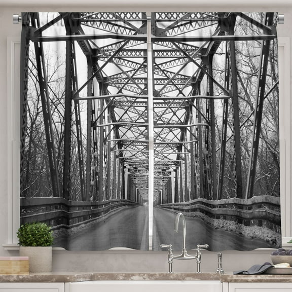 Ambesonne Black and White Kitchen Curtains, Modern Bridge, 55"x45", Black White Grey