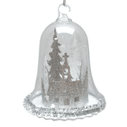 Holiday Time Paper Scenery In Dome Ornament. Gold & Silver Theme. Clear Plastic Open Bauble. Paper Scenery Inside.