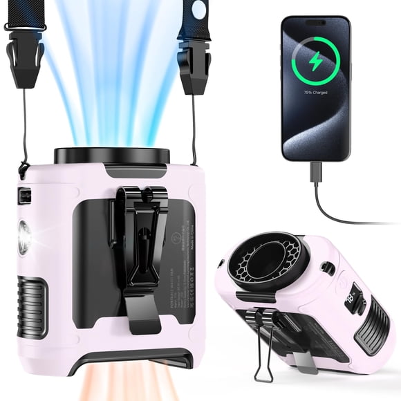 Ventilador portátil COMLIFE con clip para cintura, 10000 mAh, con linterna, color rosa