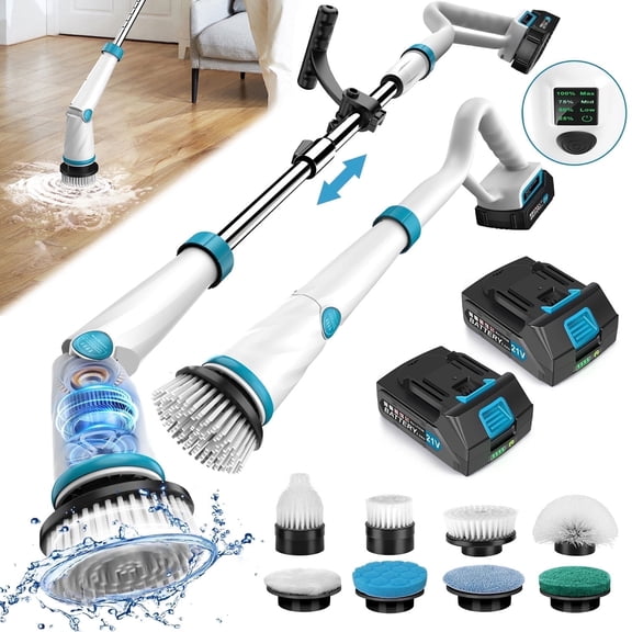 Amiluo Electric Spin Scrubber, 1500 RPM Cordless Bathroom Cleaning Brush with 4000 mAh Large Battery, 8 Replaceable Heads, Extension Handle & Display, Power Scrubber for Shower/Floor/Tub