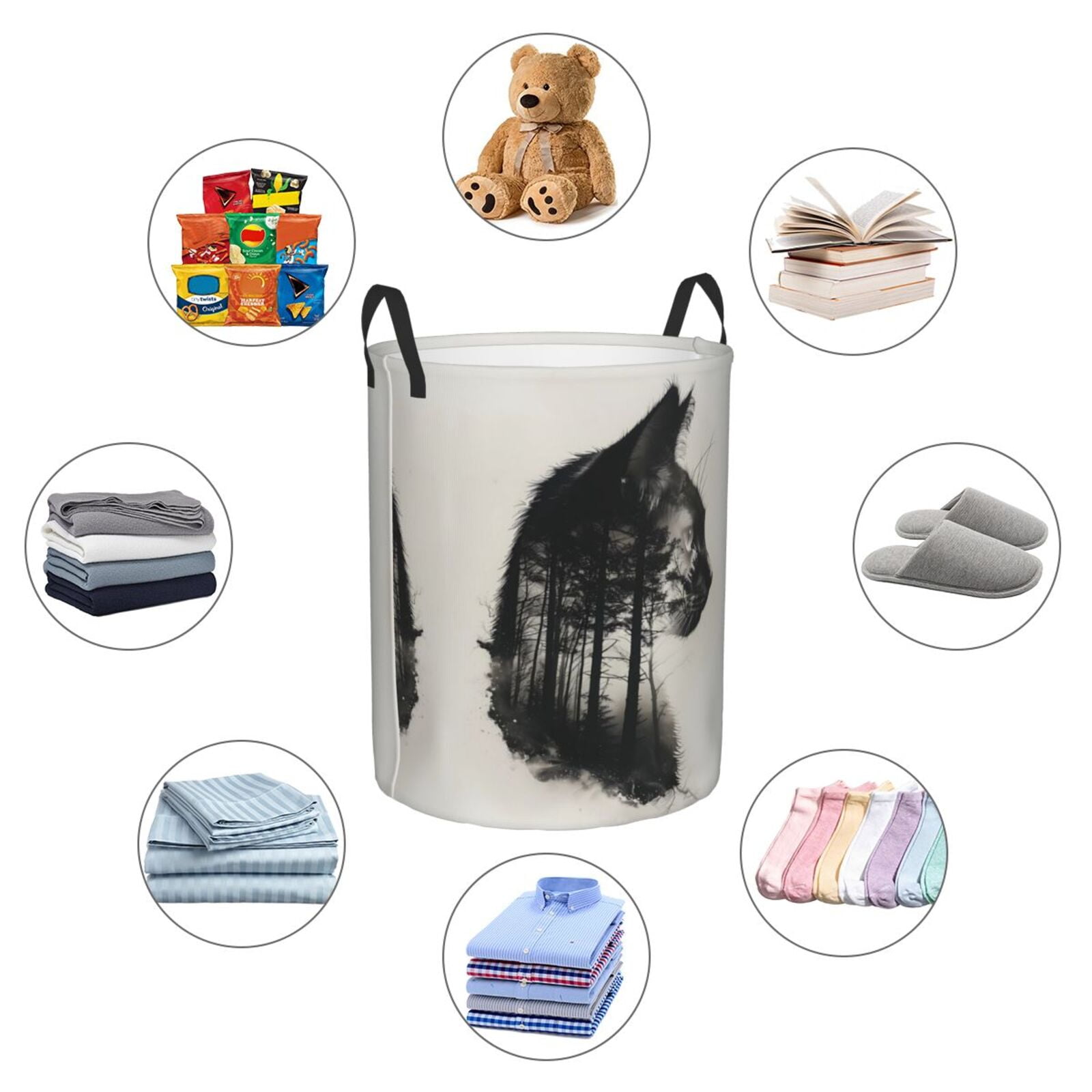 Large Laundry Basket with Handles - Double Exposure Cat Forest Kids Baby Dirty Clothes Laundry Hamper for Bedroom Aesthetic