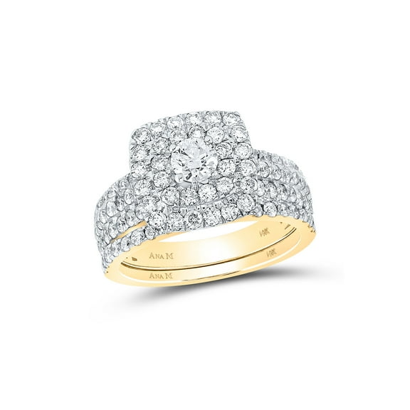 14kt Yellow Gold Round Diamond Halo Bridal Wedding Ring Band Set 1-3/4 Cttw