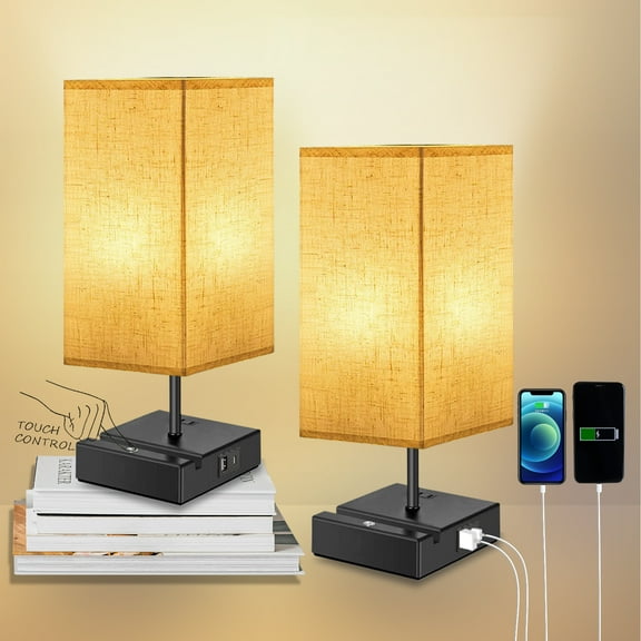 Eva's Light Nightstand Lamps 2 Pcs, 3-Way Dimmable Bedside Lamp with USB/C & AC Outlet for Bedroom