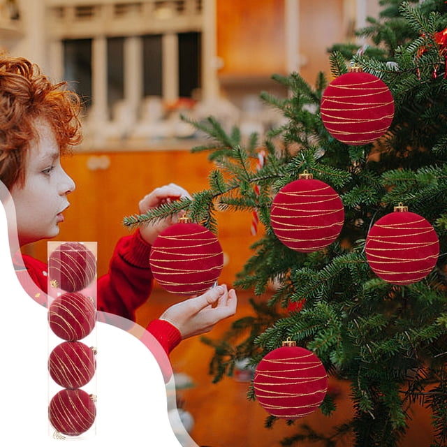 Paquete de 4 bolas navideñas flocadas | Círculos de 12 cm pintados en rojo y blanco para colgar en el árbol de Navidad