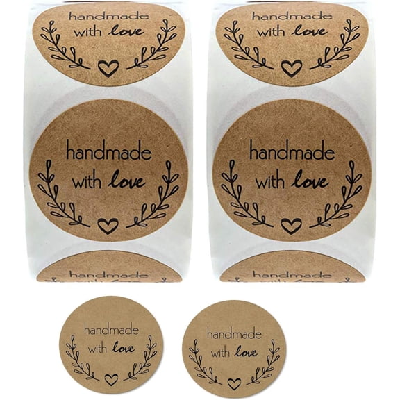 Handmade with Love Stickers, Small Round Brown Floral Heart Baking Stickers Label for Baked Goods Packaging, Envelope Seals, Gift Wrap