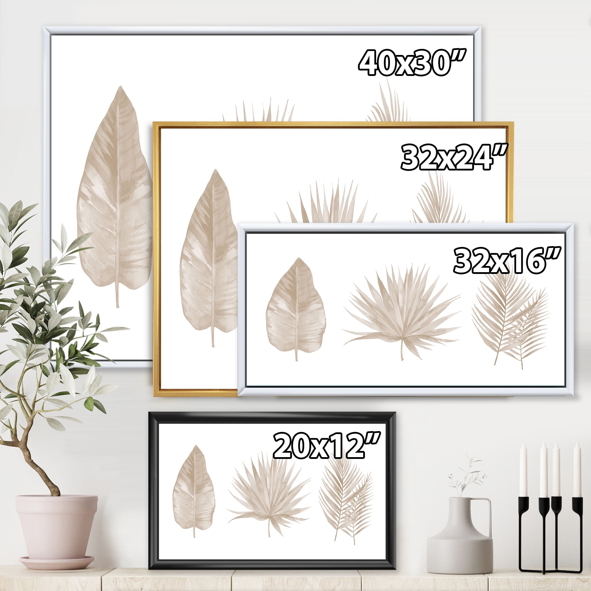 Designart 'Tropical Beiges Leaves On White' Traditional Framed Canvas Wall Art Print