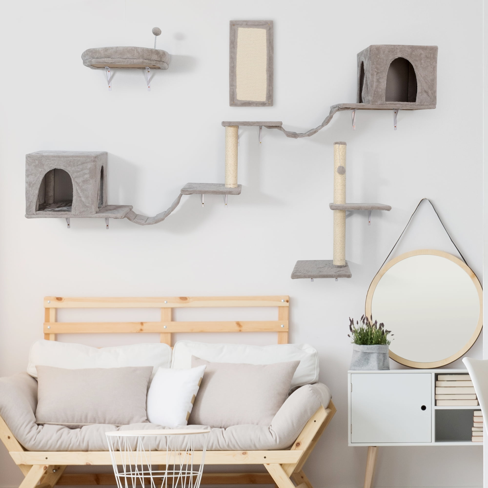Pefilos 6 Set Wall-mounted Cat Tree House, Cat Furniture with 2 Cat Condos, 3 Cat Wall Shelves, 2 Ladder, 1 Cat Perch, Sisal Cat Scratching Posts and Pad, Light Gray Pefilos 6 Set Wall-mounted Cat Tree House, Cat Furniture with 2 Cat Condos, 3 Cat Wall Shelves, 2 Ladder, 1 Cat Perch, Sisal Cat Scratching Posts and Pad, Light Gray