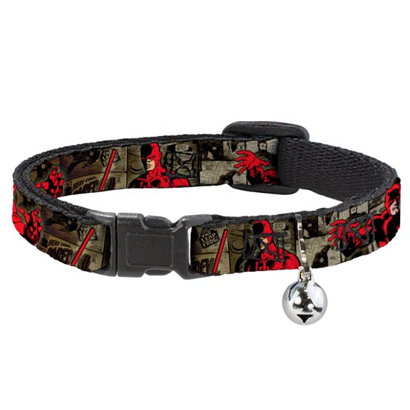 Marvel Comics Breakaway Cat Collar With Bell, Plastic Clip, Easy Adjustable, Daredevil Action Poses Comic Panels Grays Red, 8.5 to 12 Inches 0.5 Inch Wide
