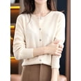 thumbnail image 6 of Women Solid Color Round Neck Long Sleeve Sweater Spring and Autumn All-Match Knitted Cardigan Jacket Beige L, 6 of 8
