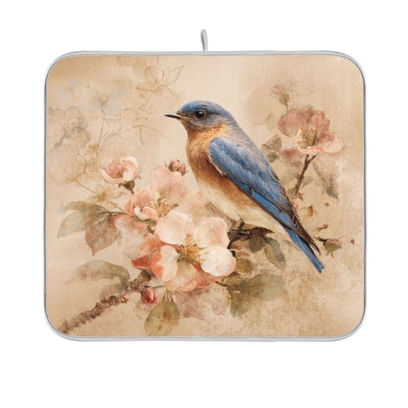 Dish Drying Mat Microfiber Kitchen Pad Large Counter Absorbent Dish Mats Drainer Rack 16"x18" Bluebird and Ancient Flowers