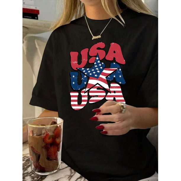 1pc Vintage USA Flag Print T-Shirt for Women, Polyester Crew Neck Short Sleeve Tee, Geometric Pattern Knit Fabric, Casual Summer Top