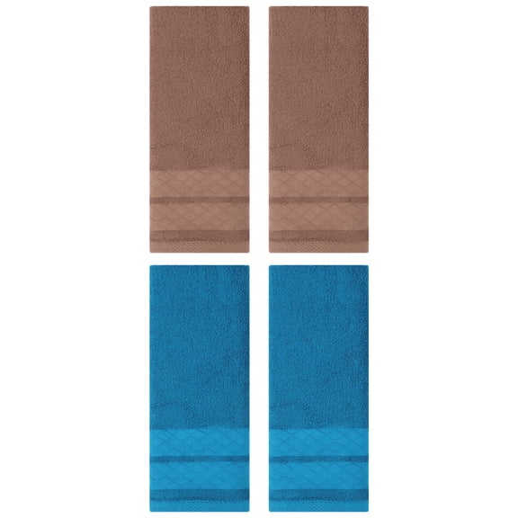 Unique Bargains 4 Pack Geometry Pattern Cotton Soft Hand Towels Brown/Blue 14" x 30"