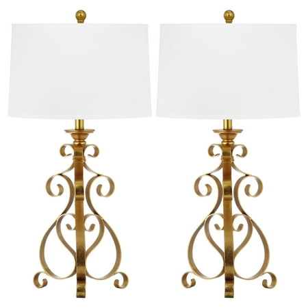 - Safavieh Scroll Sculpture Table Lamp with CFL Bulb, Antique Gold with Off-White Shade, Set of 2