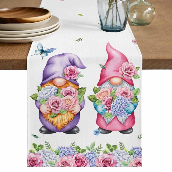 Table Runner - 120 Inch Long, Spring Gnomes Kitchen Dining Table Runner Dresser Scarves, Botanical Rose Flower Leaves Butterfly Farmhouse Decor for Coffee Tables Wedding Party Banquet
