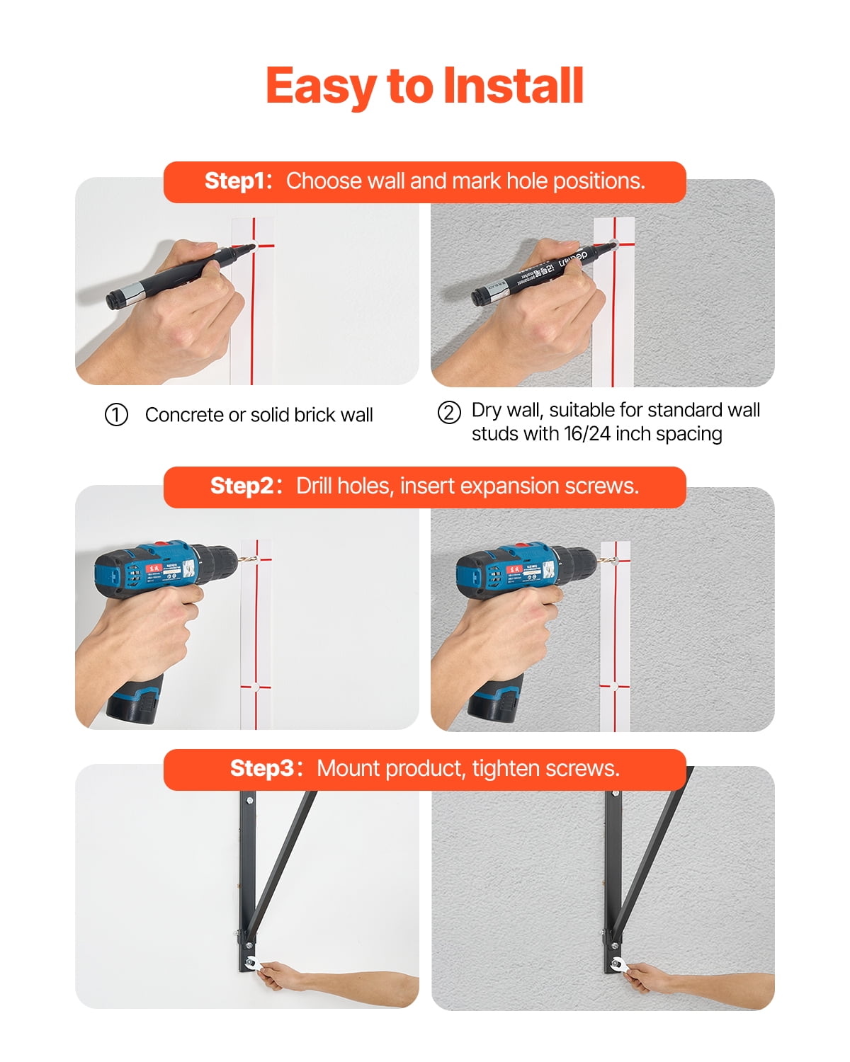 VEVOR Pull Up Bar, 50 in Width Wall Mounted Pull Ups, Adjustable Depth 22" or 30" from Wall, Heavy Duty Steel Upper Body Workout Bars, 440 lbs Weight Capacity Chin Up Training Station, for Home Gym