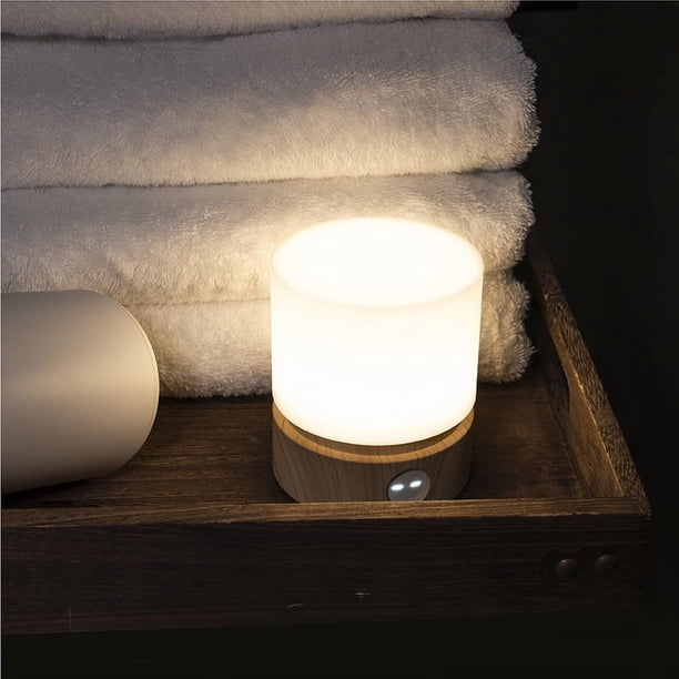 Luz nocturna con temporizador, lámpara de mesa pequeña, luz LED nocturna para niños, luz nocturna para bebés, con veta de madera, regulable, funciona con pilas, recargable.