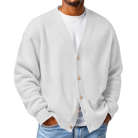GSPCLAM Mens Cardigan Sweaters Button Down Waffle Relaxed Sweater Winter Solid Color Long Sleeve Casual Sweater White M