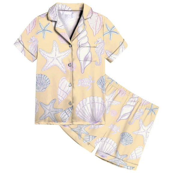 Utlike Girls Silk Satin Pajamas Set Button-Up Classic Collar Short Sleeved Shorts Ocean Print Sleepwear For Kids Soft Casual Pyjamas Outfit Lightweight Homewear For Girl Size 2 Years-3 Years