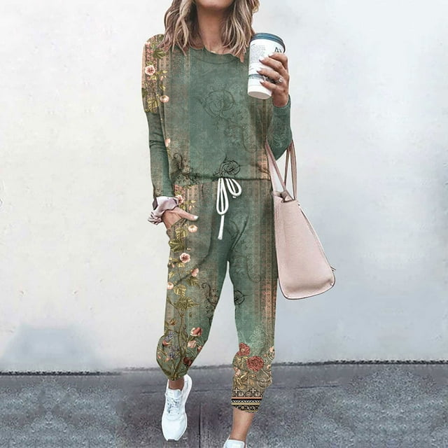 DPTALR Women Loose Two-piece Sets Solid Long Sleeve Tops Casual Pants Sweatsuit