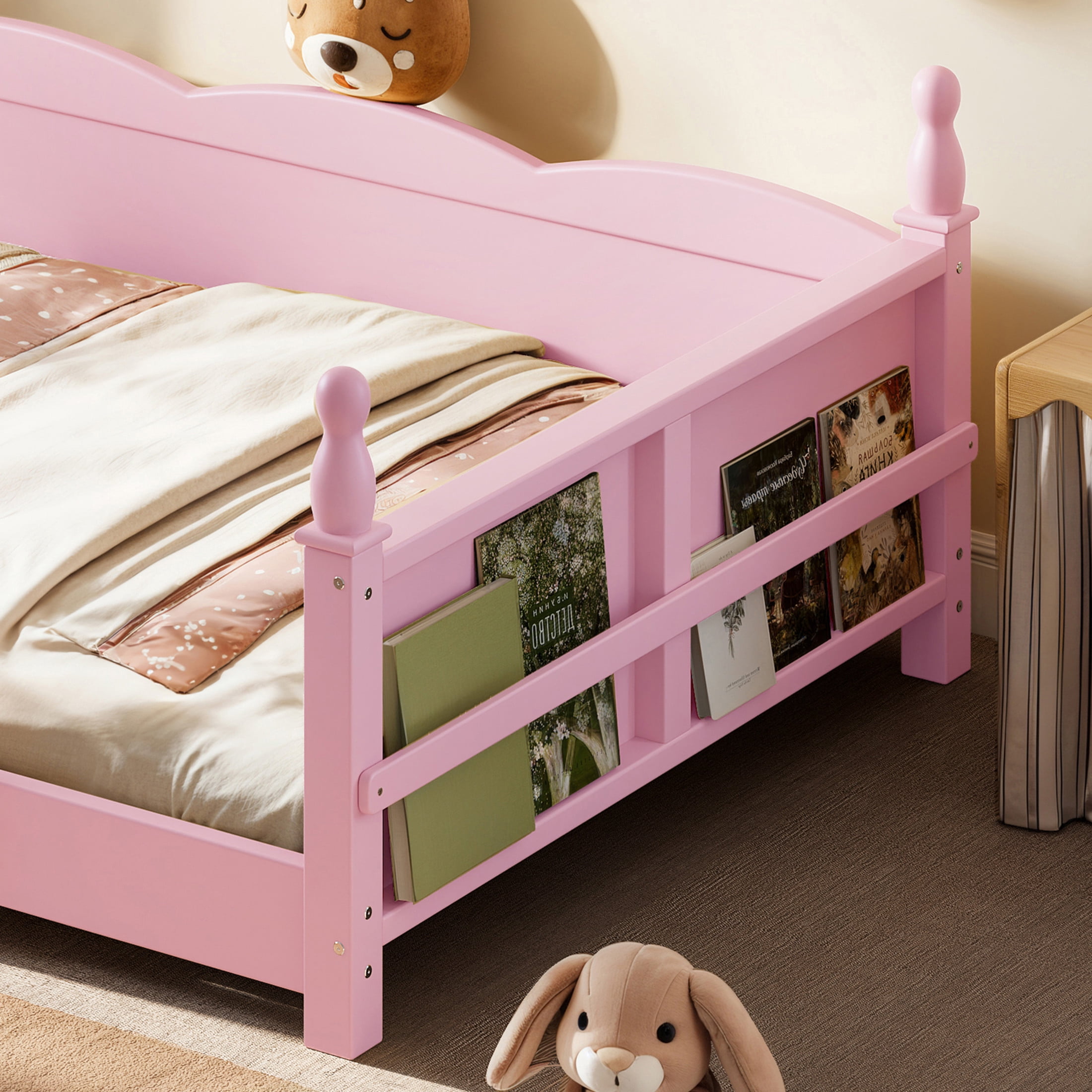 GDF Studio Twin Size Montessori Floor Bed with Guardrails & Side Bookshelf, Childlike Design, Pink