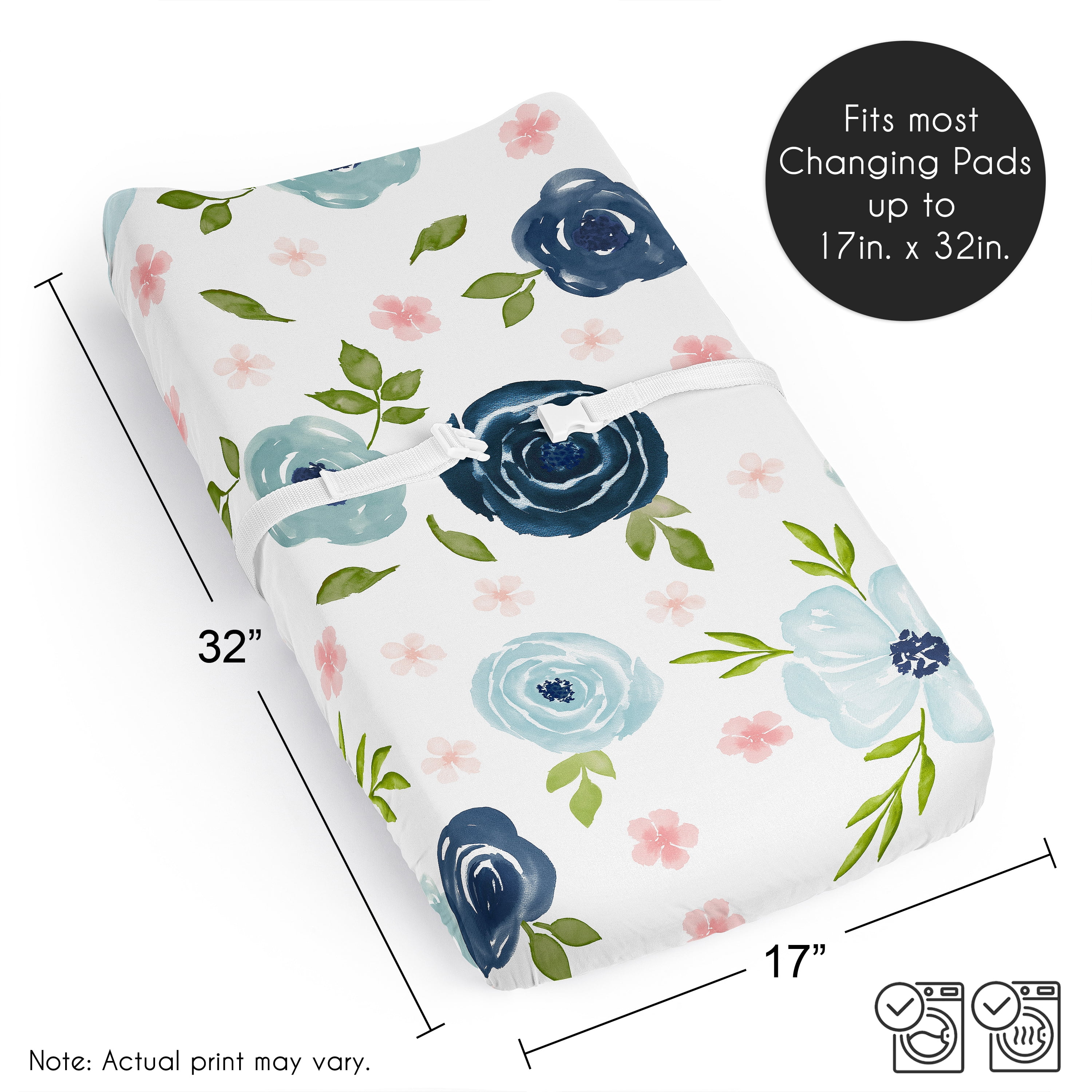 Sweet Jojo Designs Watercolor Floral Navy Blue and Pink Girl Changing Pad Cover Sheet