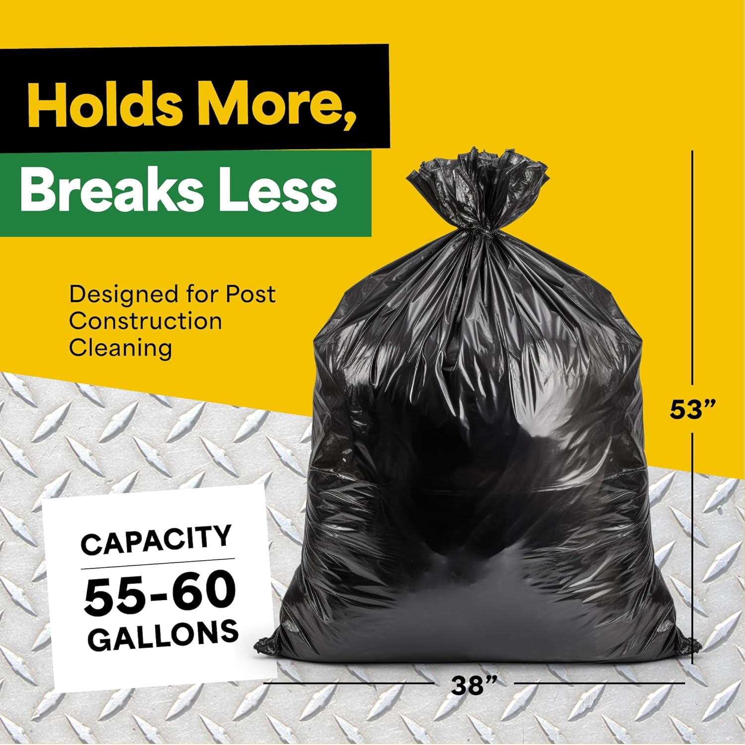 EconoHome 55-60 Gallon Contractor Garbage Bags - 3 Mil Extra Thick Heavy Duty Trash Bags for Construction, Lawn & Yard Cleanup, Demo & Commercial Use - Made in USA - Extra Large, 38x53" - 50-Count