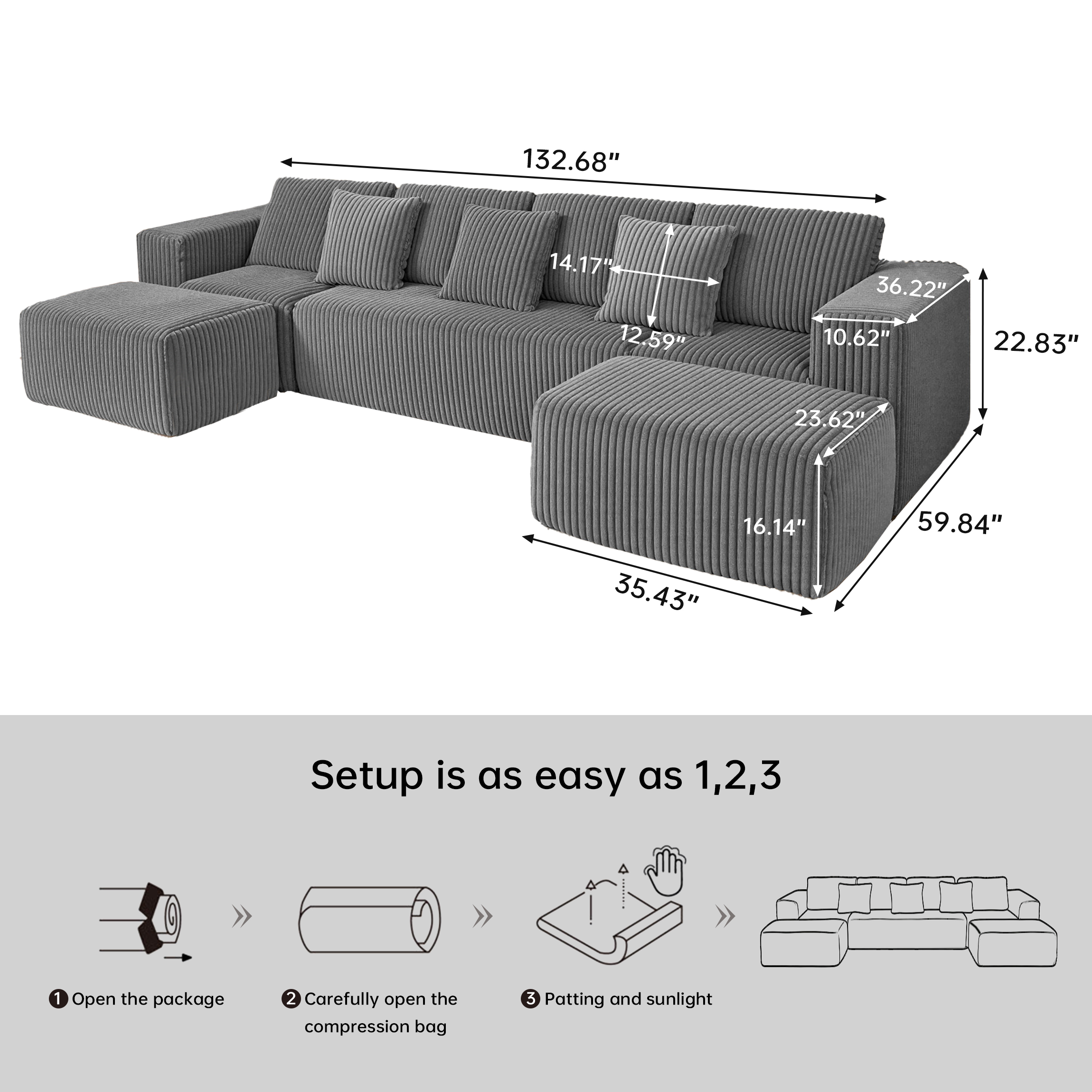 132.58" Boneless Couch, Gray Modern Sectional Couch for Living Room, Modular U-Shaped 4-Seater Chaise Lounge with Reversible Design, Striped Corduroy Fabric, Freely Configurable Layout