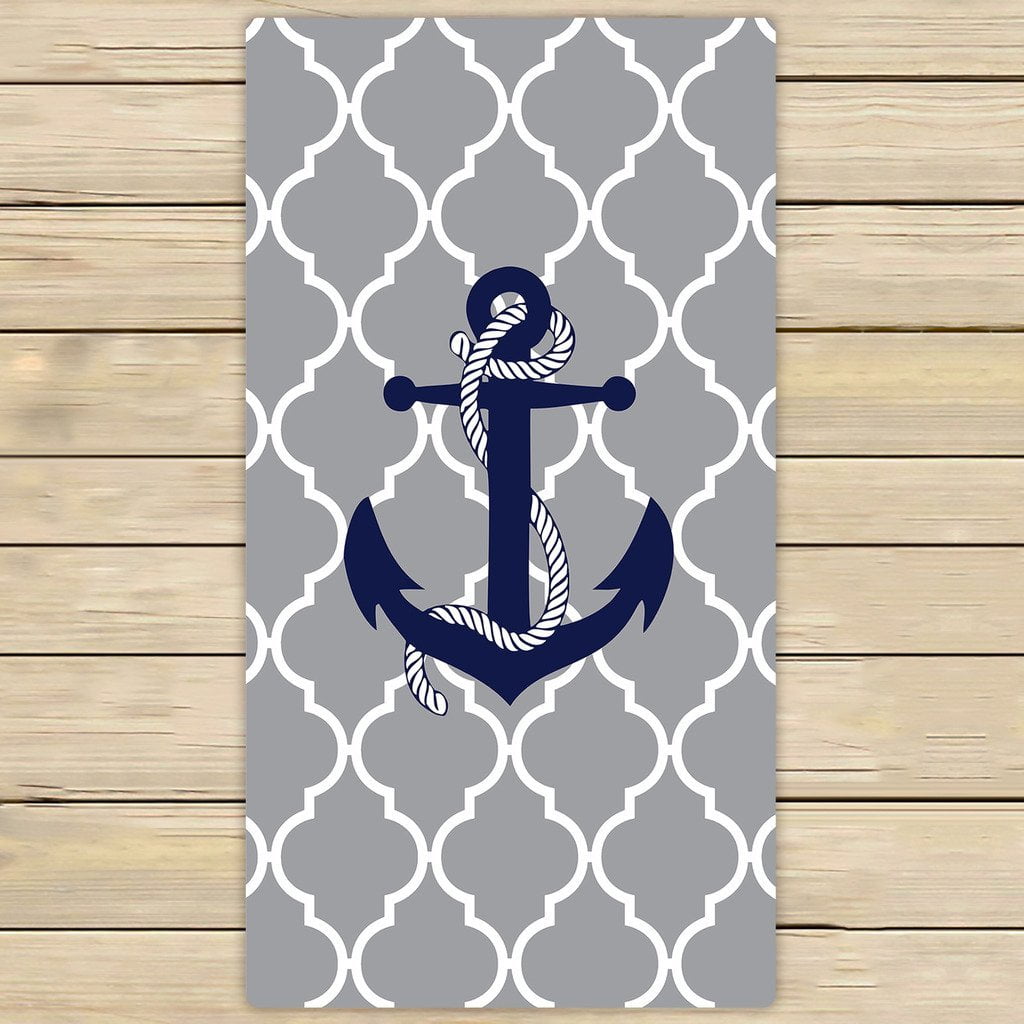 GCKG Grey Quatrefoil With Blue Anchor Towels,Beach Bath Pool Sprot Travel Hand Spa Towel Size