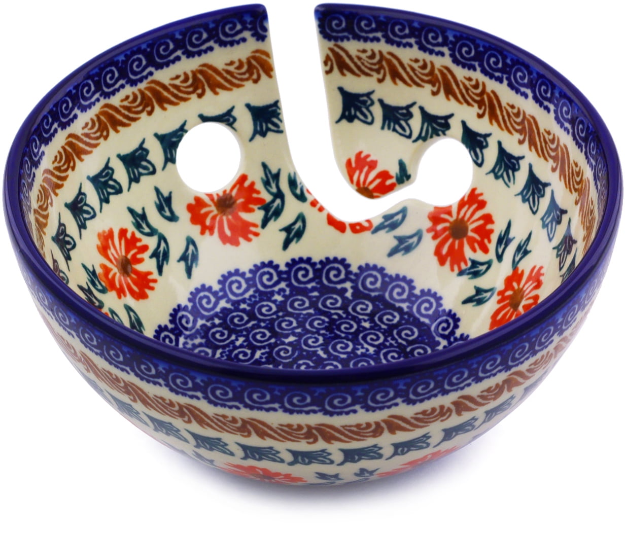 Polish Pottery 6inch Yarn Bowl (Red Cornflower Theme) Hand Painted in Boleslawiec, Poland