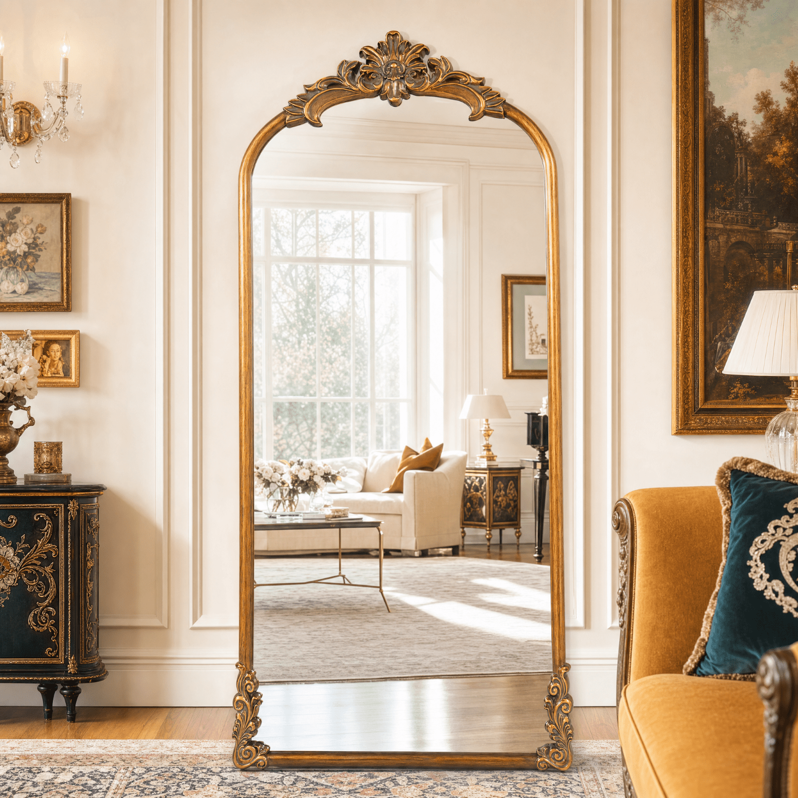 EVARNIO 71"x32" Vintage Full Length Mirror Arched Floor Mirror Baroque Style Wall Mounted Mirror Ornate Decor Mirror with Stand, Antique Bronze