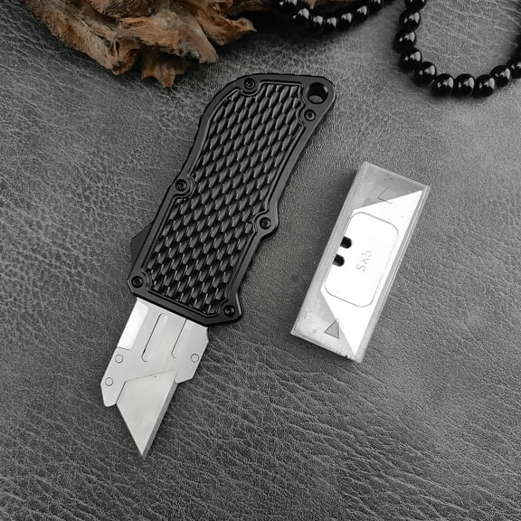 Premium Folding Utility Knife with Textured Handle, Black, Replaceable Blade