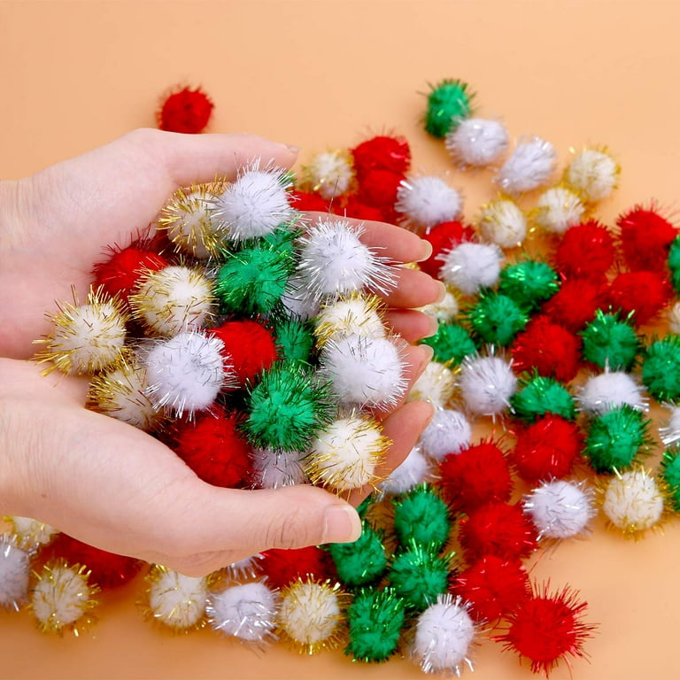300 X Red, Green, White Christmas Tinsel Arts & Crafts Pom Poms