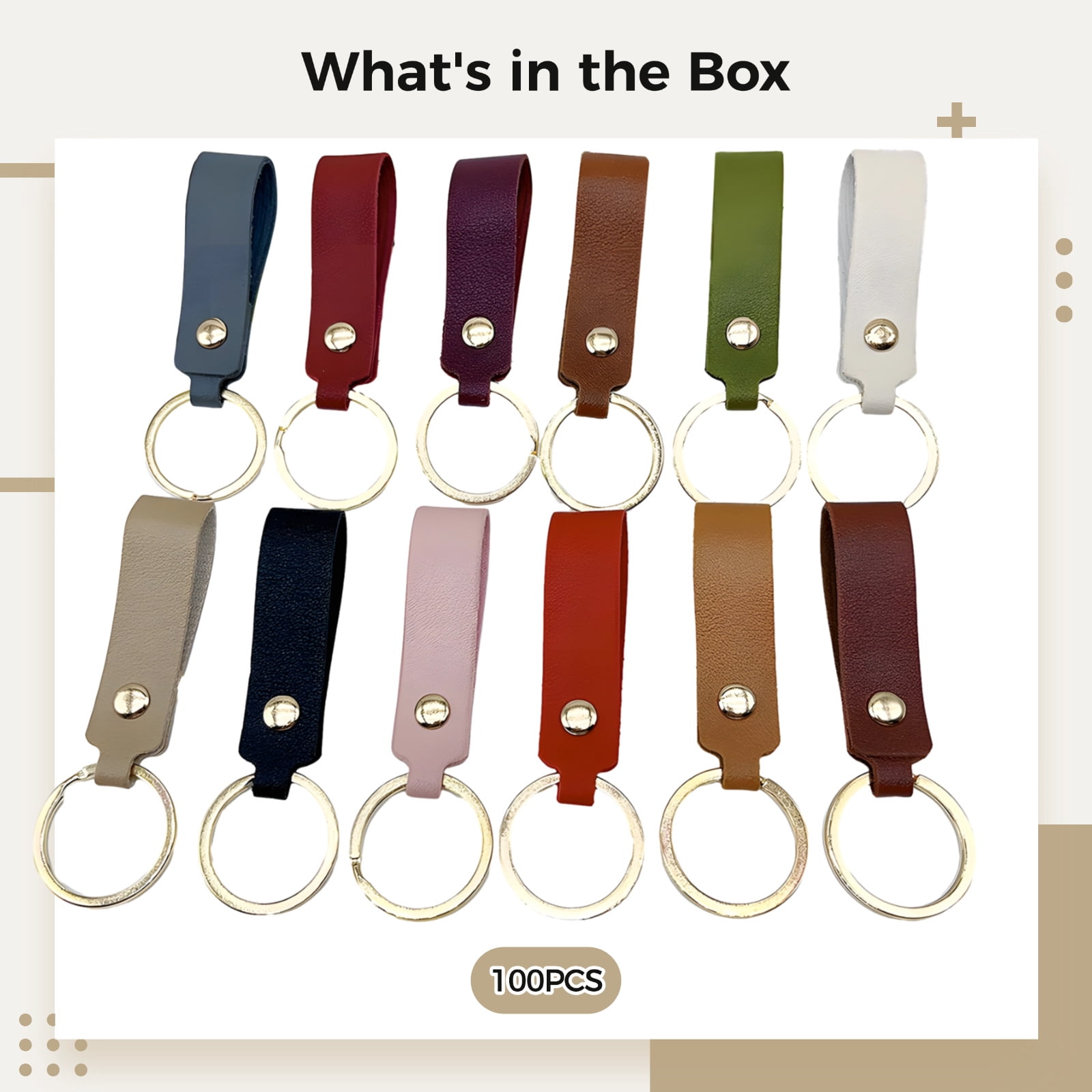 Bulk 100-Pack PU Leather Keychains,Mixed Colors with 1.2 Inch Rings,Soft Faux Leather Key Rings for Party Favors,DIY Crafts,Office, School Supplies,Gift