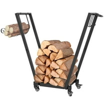Firewood Rack with Wheels: Metal Log Holder with Kindling and Tool Hooks, Indoor/Outdoor, 31.1" x 11.8" x 31.9", Black