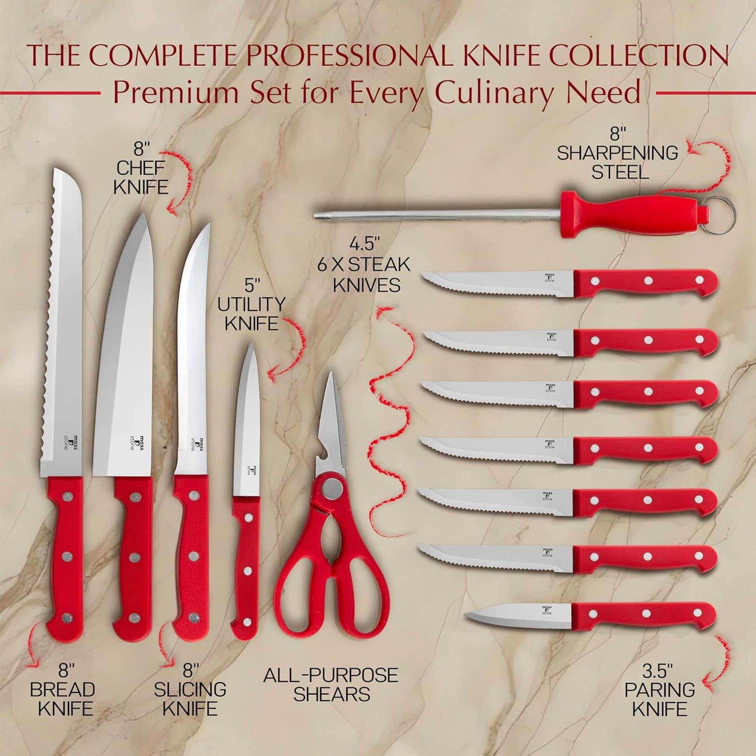 Moss & Stone 14-piece Red Knife Block Set, Stainless Steel Knife Set Premium Kitchen knives Set With High-Carbon Stainless Steel Blades, And Wooden Block Set Cutlery Knife Set, Kitchen Knife Set