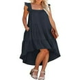 thumbnail image 1 of Women Summer Ruffled Sleeve Dress  Contrast Color/Solid Color Square Neck Irregular Hem Dress for Beach  Date, 1 of 6