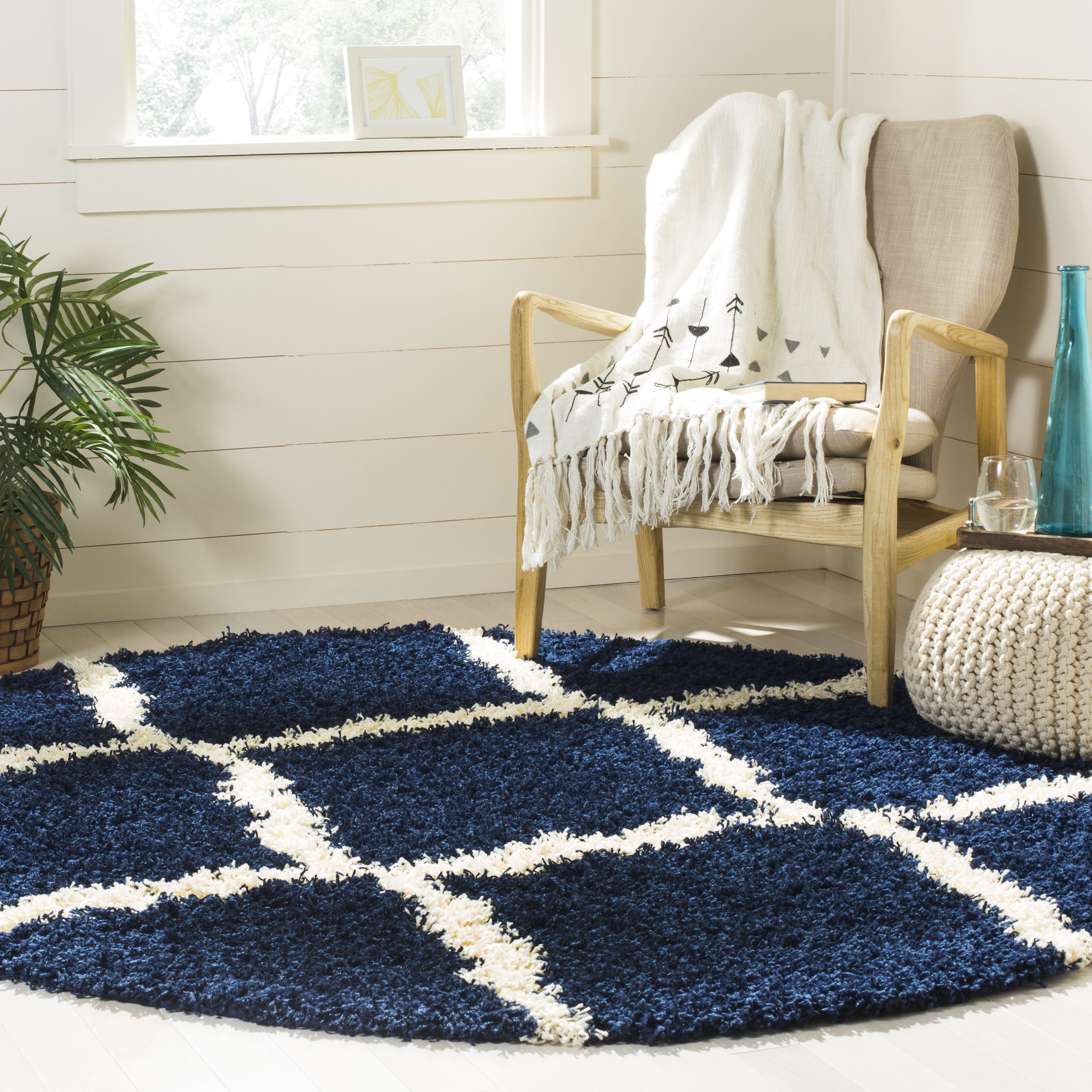 SAFAVIEH Dallas Logan Geometric Shag Area Rug, Navy/Ivory, 8' x 8' Round