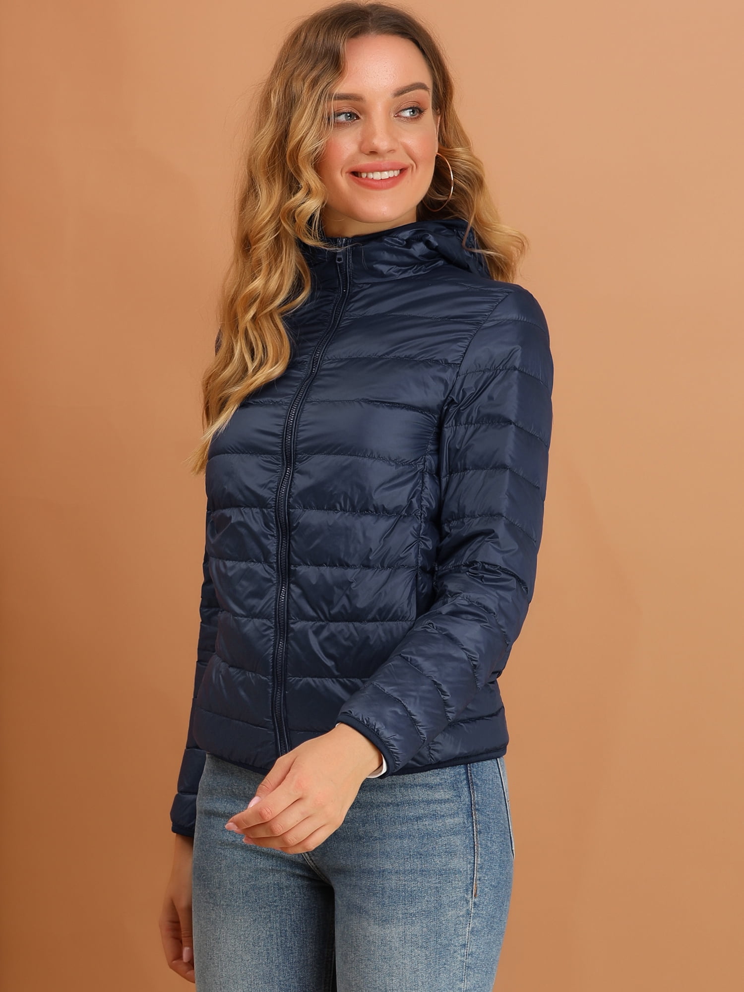DARING DIVA Women's Hooded Zip Up Short Down Lightweight Jacket L Dark Blue