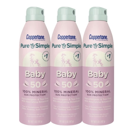 Coppertone Pure and Simple Baby Spray Sunscreen SPF 50  Broad Spectrum Sunscreen for Baby  5 Oz Bottle  Pack of 3