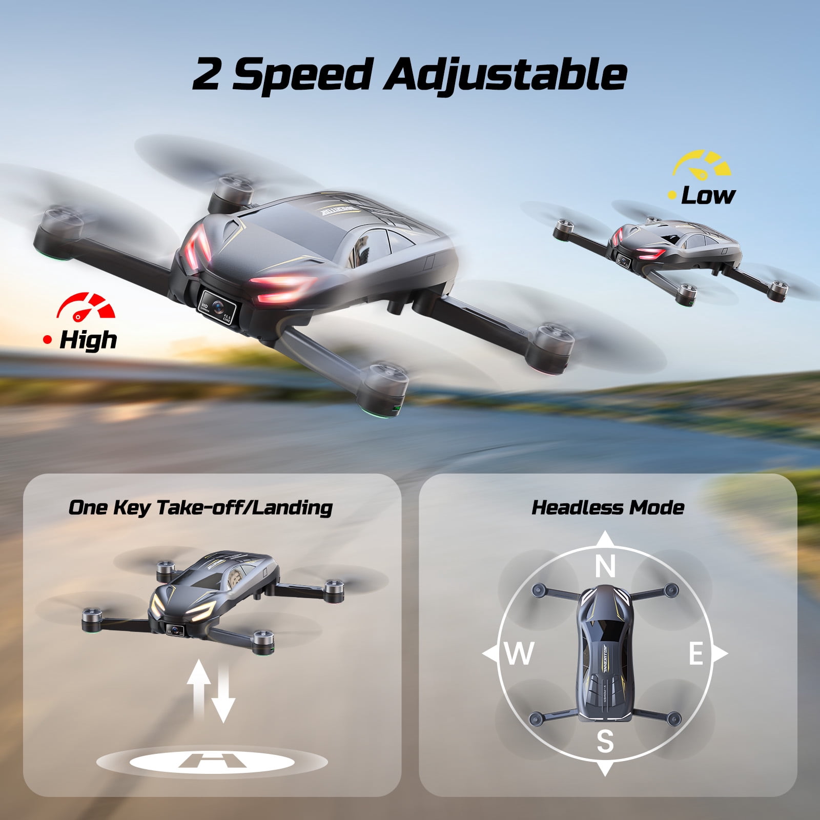 Wefone D12 2-in-1 Racing Car Drone for Kids & Adults with Camera, 6 LED Lights, 2 Adjustable Speeds, Easy to Fly & Crash-Resistant, 2 Batteries, Gray