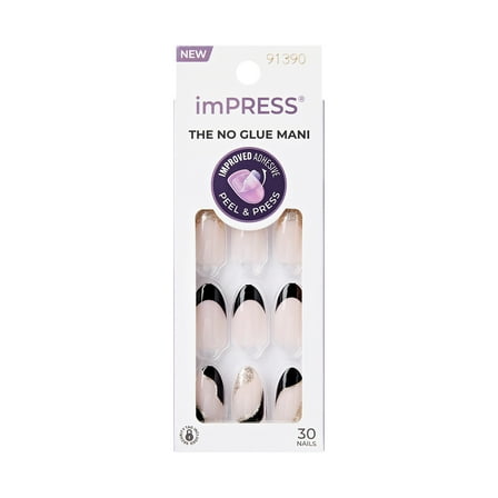 KISS imPRESS French  Press on Nails, Illusion, Black, Medium Almond, 30 Count