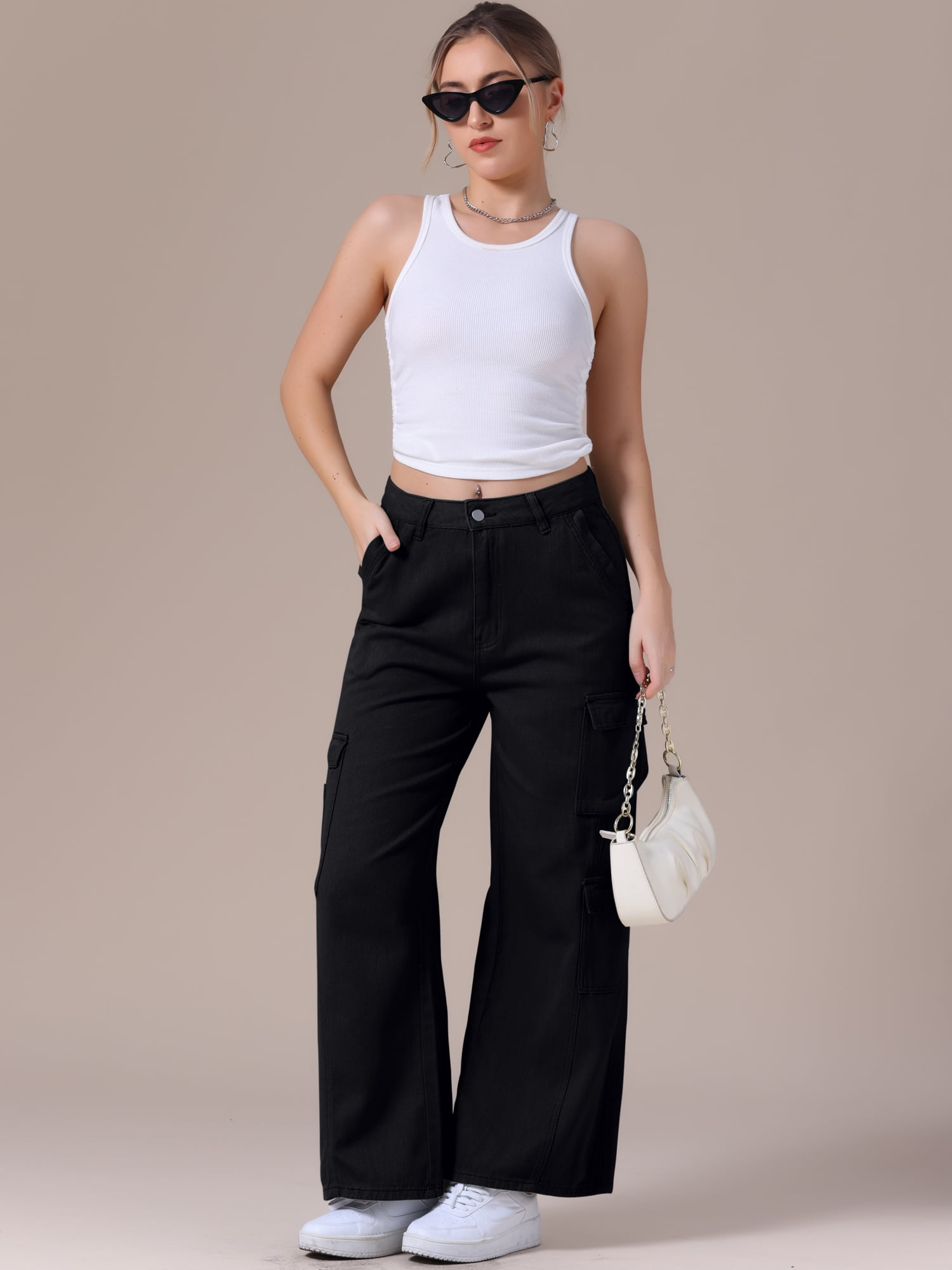 DARING DIVA Women's Baggy Jeans Multi-Pocket Cargo Denim Pants S Black