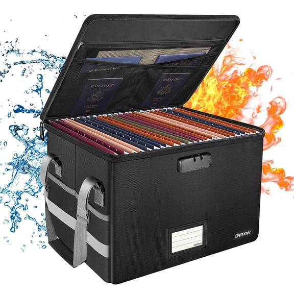 ENGPOW File Box with Lock,Fireproof Document Box with Zipper&Pockets,Collapsible File Organizer Filing Storage Cabinet with Handle,Portable Home Office Safe for Hanging Letter/Legal Folder,Black