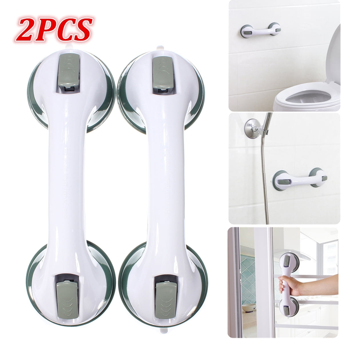 2 Pcs Powerful Suction Cup Bathroom Shower Support Grab Bar Heavy Duty Safety Handle Wall Grip White (2 )