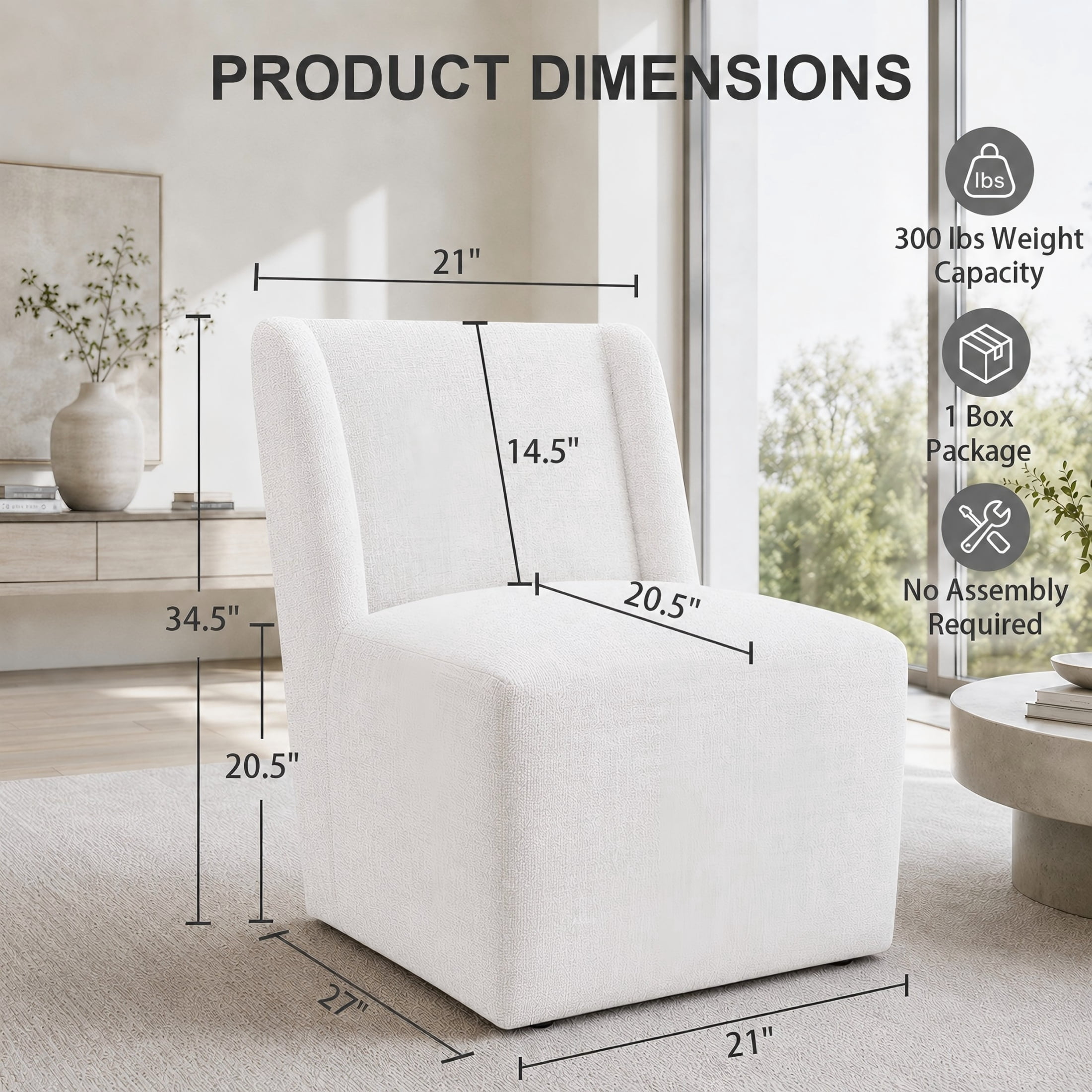 Aenkyo Upholstered Dining Chair with Casters, Modern Wingback Accent Side Chair, White