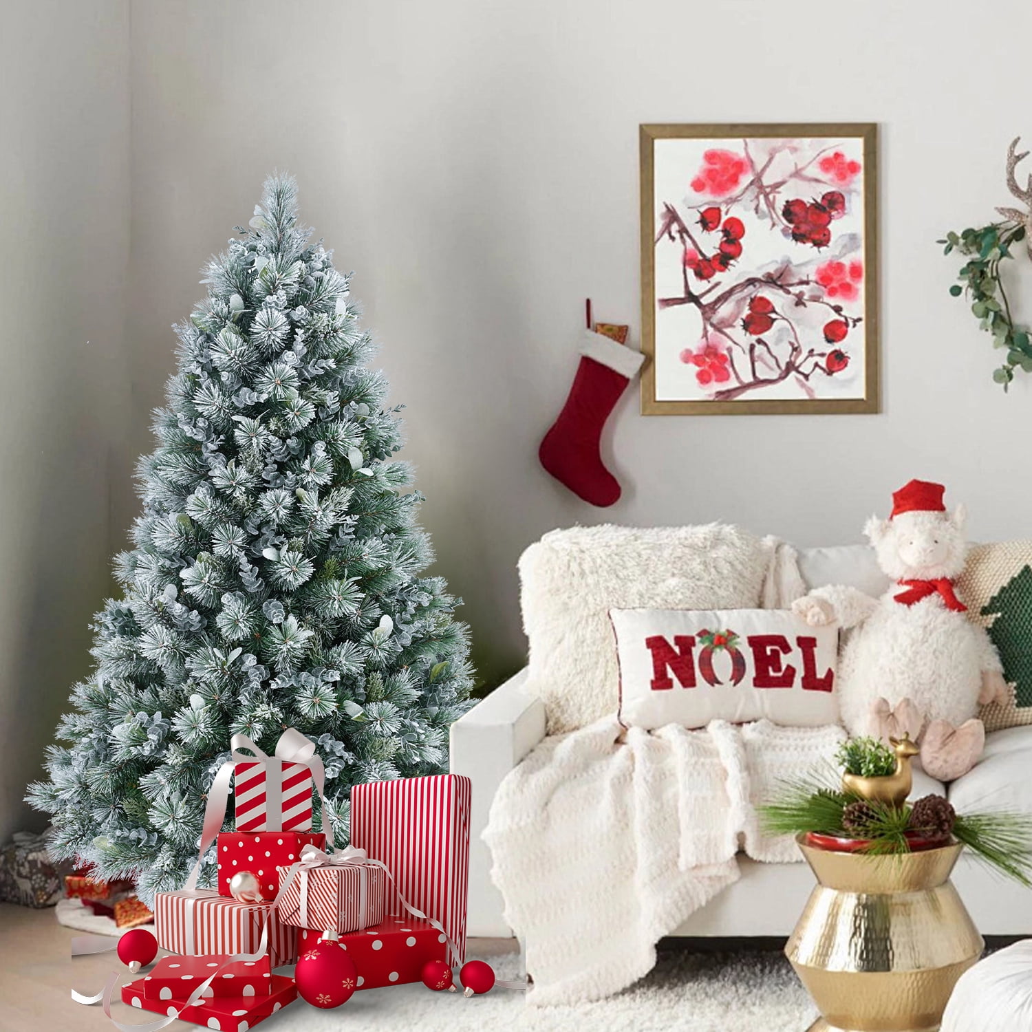 4ft Flocked Christmas Tree with Eucalyptus Leaves 404 Tips Hinged Branches Metal Stand Indoor Decor