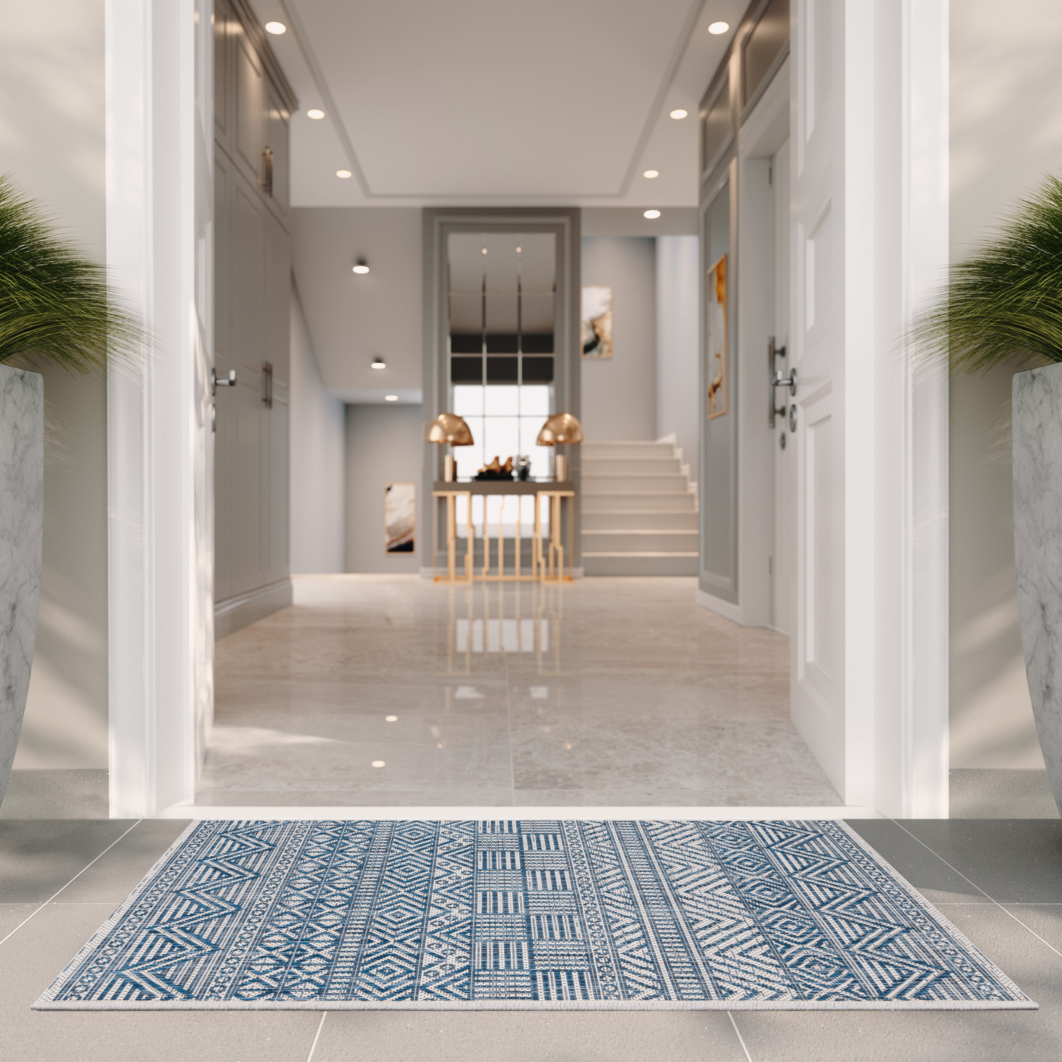 SAFAVIEH Courtyard Altan Geometric Indoor/Outdoor Area Rug, Ivory/Navy, 6'7" x 6'7" Square