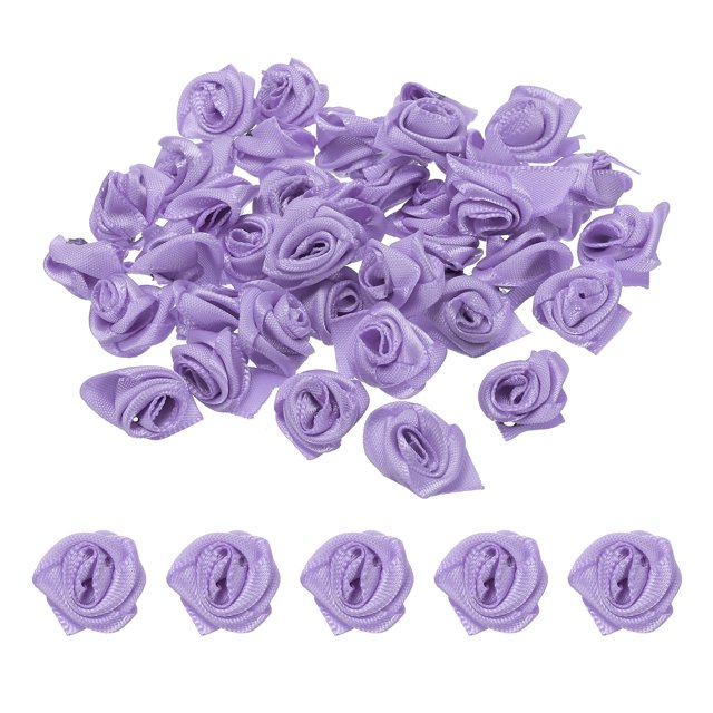 Unique Bargains Mini Satin Ribbon Roses Tiny Fabric Flowers Embellishments Rosettes Applique Purple 50 Pcs