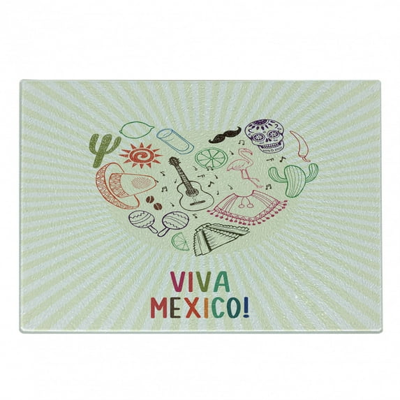 Hispanic Cutting Board, Colorful Viva Mexico Lettering with Heart Shaped Traditional Print, Decorative Tempered Glass Cutting and Serving Board, in 3 Sizes, by Ambesonne